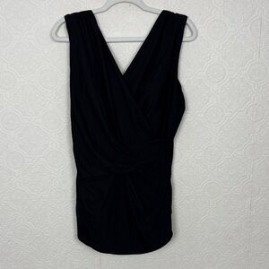 Lands’ End Black One Piece Swimsuit Skirt 16L 16 Long Ruched Tummy Control VNeck